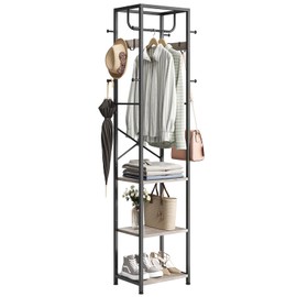 ELYKEN Coat Rack Freestanding, Hall Tree with 3 Storage Shelves and 12 Hooks, Industrial Clothes Rack Stand Organizer for Bedroom, Hallway, Entryway, Office, Living Room, Greige