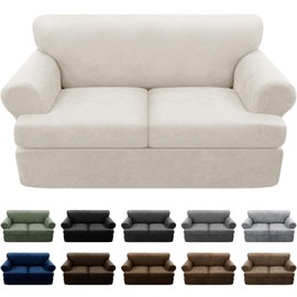 Pfrstuv 3-Pieces T Cushion Loveseat Slipcovers Leather Look Couch Cover Loveseat Covers for 2 Cushion Couch Furniture Protector Stretch Sofa Cover with 2 Individual T Cushion Seat Covers, Beige