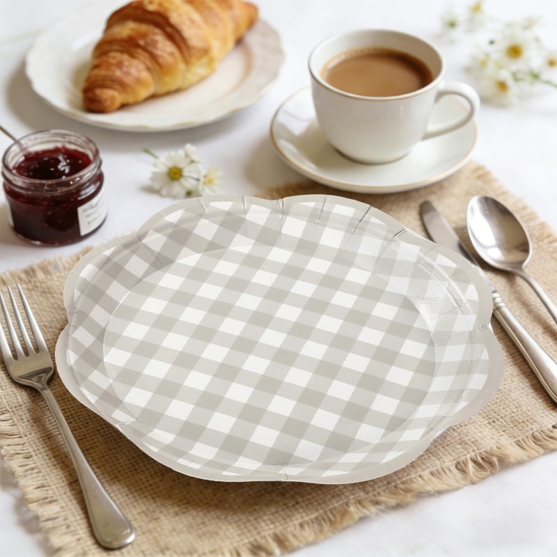 60Pcs Fall Gingham Paper Plates, Light Gray, 7 Inch