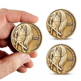 3Pc Archangel Michael Challenge Coin, Quis Ut Deus - 1.75" Antique Gold-Color Plated St Michael Prayer Token - Commemorative Religious Coins - Christian Coin Gifts for Collectors, Bible Study