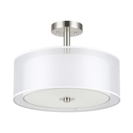 XiNBEi Lighting Semi Flush Mount Ceiling Light, 3 Light Close to Ceiling Light with Fabric Shade, 16" Drum Semi Flush Ceiling Light in Brushed Nickel for Living Room & Bedroom XB-SF1194-BN