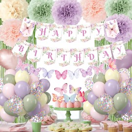 Fairy Birthday Party Decorations Set, Fairy Themed Party Decorations, Green Purple Pink Yellow Balloons Butterfly Banner for Girls Birthday Decorations Spring Tea Party Baby Shower