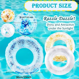 6 Pcs Inflatable Glitter Clear Pool Float Tube Glitter Beach Ball Include 3 Pcs Inflatable Confetti Swim Ring 3 Pcs Inflatable Confetti Beach Ball for Beach Water Pool Party (Color Set 2)