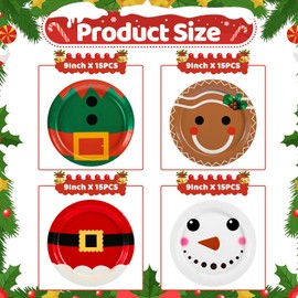 NatNarr Pack of 60 Paper Plates, 9 Inch Paper Plates, Christmas Party Plates, Santa Claus, Snowman, Gingerbread for Winter, Christmas, New Year's Eve Party (4 Styles)