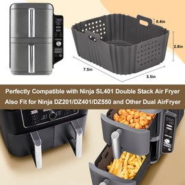 BYKITCHEN Silicone Air Fryer Liners for Ninja SL401 Double Stack 2 Basket Airfryer, Reusable Rectangle Perforated Silicone Liners for Dual Airfryer, Ninja DoubleStack XL Air Fryer Accessories