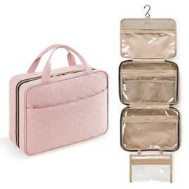 Lifewit Travel Toiletry Bag, Large Hanging Makeup Bag Organizer for Women, Transparent Travel Cosmetic Bag with Hanging Hook for Full Size Bottles, Vacation Essentials, Large, Pink