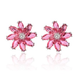 Cubic Zirconia Flower Stud Earrings - Large Sparkly CZ Crystal Rhinestone Snowflake Studs Daisy Floral Cluster Earrings Bridal Costume Jewelry for Bride Bridesmaids Birthstone Birthday Gift (Pink)
