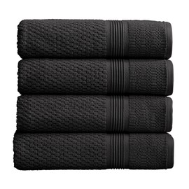Market & Place 100% Cotton Waffle Textured Bath Towels Set of 4 | Super Soft Quick Dry Bath Towels | Decorative Towels for Bathroom | Zoey Collection (Black)