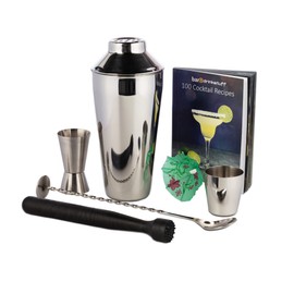 bar@drinkstuff Cocktail Book Cocktail Set with Cocktail Shaker, Muddler, Jigger Measure, Mixing Spoon & 100 x Paper Cocktail Umbrellas Cocktail Kit, Cocktail Making Pack