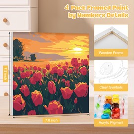MOGTAA Framed Paint by Numbers for Adults Children Beginners, 4 Pack Flowers Paint by Numbers for Adults, Kids' Painting by Numbers, Sunset DIY Oil Painting Kits for Home Decor (8x8inch)