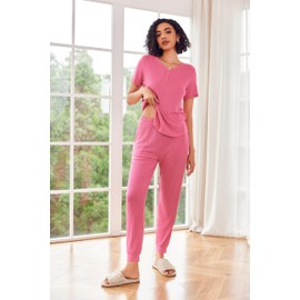 Ekouaer Pajama Sets for Womens Rib Knit Lounge Set Jogger Pants Short Sleeve Sleepwear 2 Piece Outfits Set with Pockets Pink