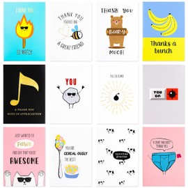【12 Pack】Large Funny Thank You Cards – Big Size 5 x 7 Inch – Appreciation Cards and Pun Cards Printed on Premium Thick 350 GSM Paper – 12 Unique Eye Catching Designs in Funny Themes – Funny Greeting
