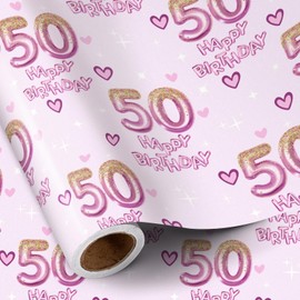 RUSPEPA 50th Birthday Wrapping Paper Women, Hearts and Pink Number 50 Balloons Happy Birthday Design, 50 Years Old, Mini Roll, 17 Inches x 16.4 Feet, Perfect for Women' Party Gifts