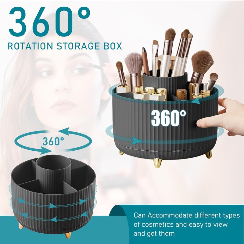 360° Rotating Makeup Brush Organizer for Vanity – 5-Compartment PP