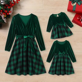 Mommy and Me Christmas Dresses Long Sleeve Green Red Black Buffalo Velvet Plaid Dress Fall Winter Santa Claus Xmas Holiday Party Mom Daughter Matching Outfits Photoshoot Green Checkered L