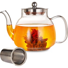 MJZQCD Glass Teapot–1100ml (37oz) Glass Tea Kettle with Removable Stainless Steel Infuser& Lid,for Blooming and Loose Leaf Teapots,Tea Maker Gift,Tea Pot Stovetop Safe