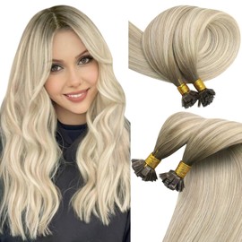 Sunny Hair Flat Tip Hair Extensions Human Hair Keratin Fusion Hair Extensions Real Human Hair Extensions for Women 50G/50S Cool Ash Grey Balayage Ombre Platinum Blonde 22inch