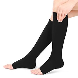 Compression Stockings for Men and Women, Open Toe Flight Compression Stockings, 20-30MmHg Graduated Support, Knee High Calf Compression Sleeves for Pregnancy, Travel, (L-Black)