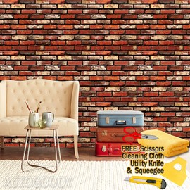 AutoGoody 3ft x 50ft 3D Rustic Brick Stone Wallpaper Vinyl Film Sticker Red 36" x 600"