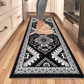 ComfyDwel Boho 2'X6' Black Runner Rug for Hallways Kitchen Non-Slip Rubber Backing Vintage Bedroom Floor Floral Runner Rugs Washable Flower Area Rug for Laundry Living Room