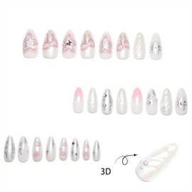 SINHOT Almond Press on Nails - Medium Fake Nails, Glossy Finish, 3D Pink Bowknot & Silver Star, DIY Artificial False Nail Art - 24 Pcs Nail Kit with Glue