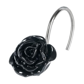 Black Rose Floral Shower Curtain Hooks: Flower Shower Curtain Hooks for Bathroom Décor - Cute Rustproof Stainless Steel Decorative Rings for Leaf Plant Botanical Themed Shower Curtain