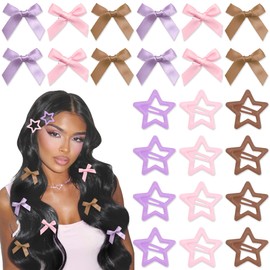 YAEISM 24PCS Hair Clips Satin Mini Hair Bows Metal Star Hair Clips 3 Colors Light Purple Y2K Hair Accessories for Girls