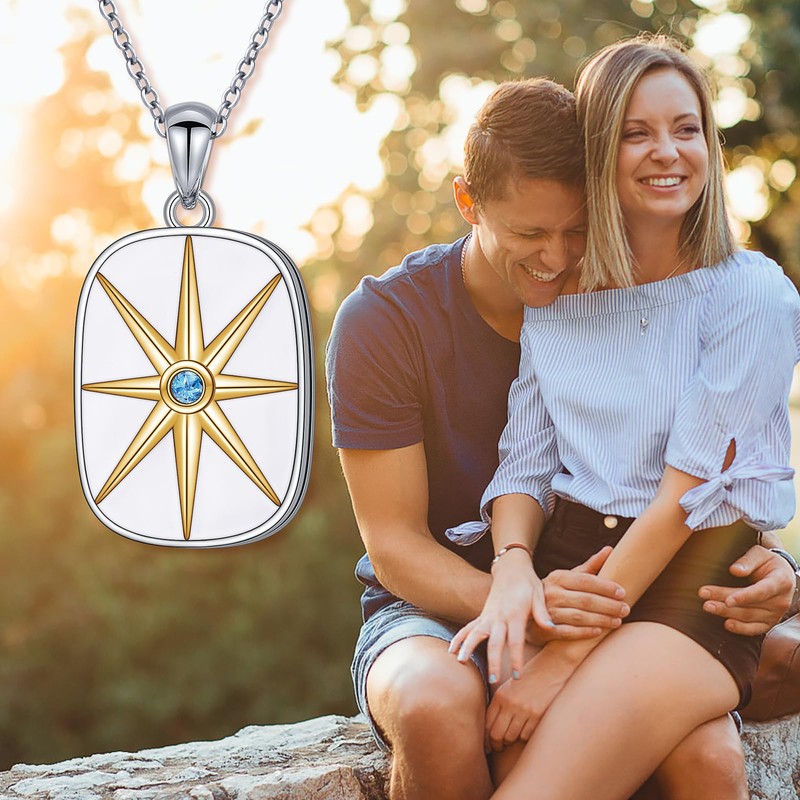 Sterling Silver Photo Pendant Locket Necklace for Women, Compass Locket