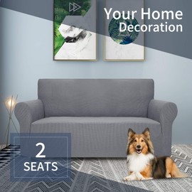 JIVINER High Stretch 1-Piece Jacquard Small Checks Couch Covers for 2 Cushion Couch Anti Slip Love Seat Sofa Covers Loveseat Slipcovers Protector for Kids Pets (Loveseat, Light Gray)