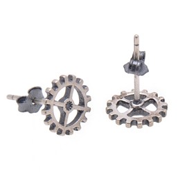 925 Sterling Silver 9MM Steampunk Gear Earrings Studs, Antiqued Finish