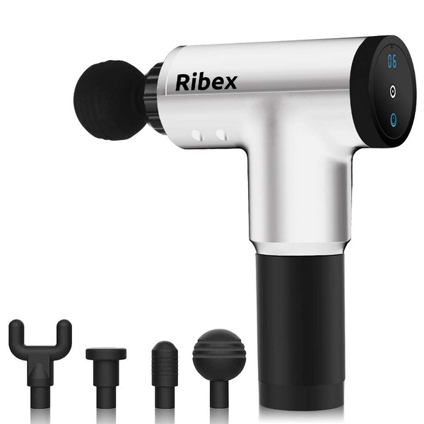Ribex Muscle Massage Gun with Warranty - Deep Tissue Percussive Handheld Cordless Massager for Sore Muscles and Stiffness - 6 Speeds of Intense Percussion