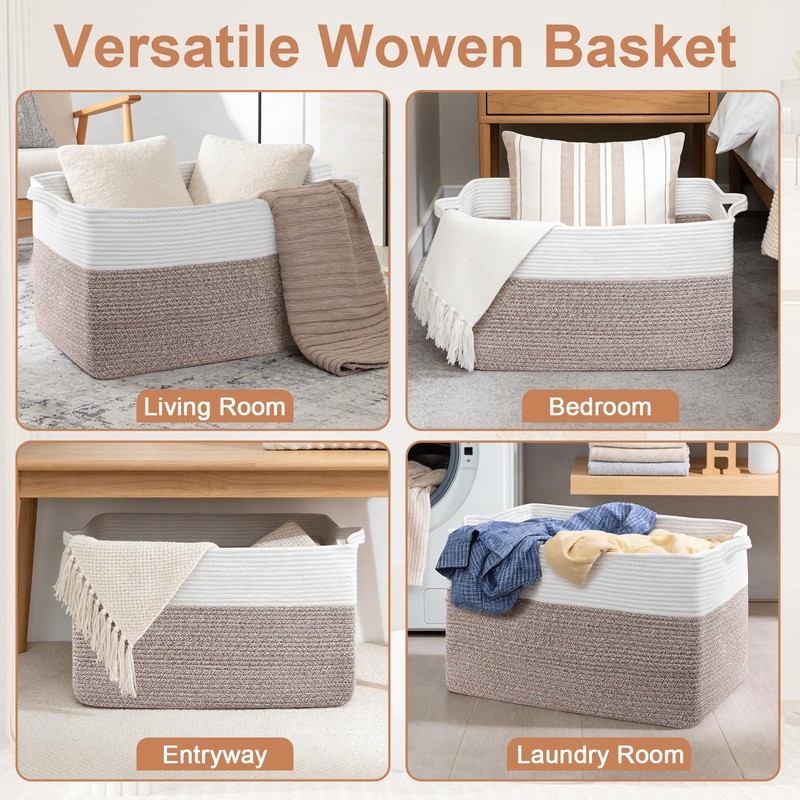 75L Large Blanket Storage Basket with Handles - White &