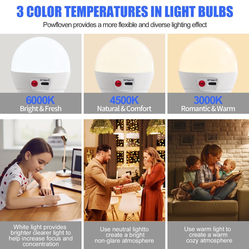 Powfloven 5000mAh Rechargeable Light Bulbs with Remote, E26 Wireless LED