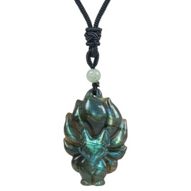 Lovionus89 Natural Fluorite Ninetail Fox Necklace Healing Crystal Gemstone Pendant Protective Amulet Charm, Stone, No Gemstone