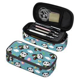 GardEssere Panda Bamboo Large Pencil Case Aesthetic Big Capacity Cute Pencil Box Pouch with Zipper Pencil Case for Girls Boys Kids Cosmetic Bag for Women for School Office Blue