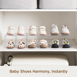 HBlife Widened 4.17 Inch Clear Acrylic Kids Shoe Rack for Closet Organizers and Storage, Small Shoe Rack 3 Sections Toddler Baby Shoe Storage Organizer Shelf, Desk File Book Purse Organizer(2 Pack)