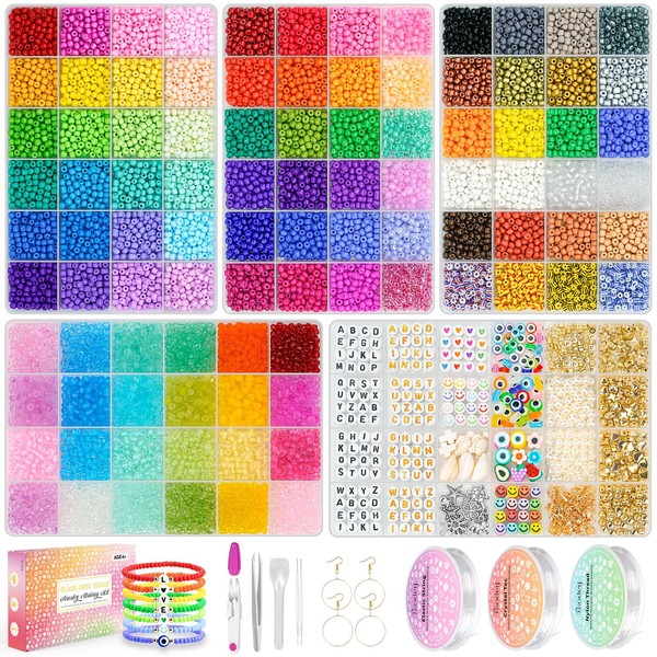 Paodey 15,500pcs 4mm Glass Seed Beads 96 Colors 6/0 Small Beads for Bracelets Making, Craft Gift for Friendship Bracelets Jewelry Making with String Cords Tweezers Letter Beads Accessories