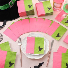 Zhanmai 200 Pieces Witch and Princess Napkins Disposable Pink and Green Paper Hand Towels Black Witch Hat Scalloped Napkins for Bridal Wedding Birthday Decors