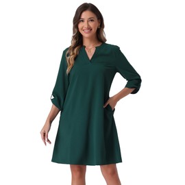 Allegra K Women's Roll Up Sleeve Casual V Neck Shift Dress with Pockets Small Dark Green
