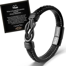 VU100 Gifts for Men Leather Men Bracelet Stainless Steel Bracelet To My Man Bracelet Gifts Love You Forever Christmas Day Birthday Gifts for Boyfriend Husband Men (Black)