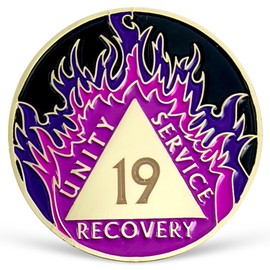 LREQASOR Purple Flames Sobriety Coin 19 Year AA Chip Recovery Medallion for AA NA 12 Step Clean & Sober Gifts for Men Women Alcoholics Anonymous Gifts Celebrating Addiction Recovery