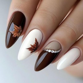 Fall Press on Nails Almond Medium Fake Nails with Maple Leaf Rhinestones Designs White Nails Press ons Glossy Glue on Nails Brown Acrylic Nails Nude Fall Stick on Nails for Women 24Pcs