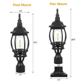 LamQee Outdoor 1/3 Light Post Lantern with Pier Mount Base(Pack 1 - Black, 19.0, 1 Pack-3 Light