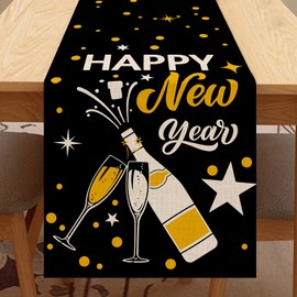 Seliem Happy New Year Eve Cheers Table Runner, Black Gold Tabletop Scarf Home Kitchen Polka Dots Stars Decor, 2025 Winter Holiday Farmhouse Burlap Dining Decorations Party Supply 13 X 72