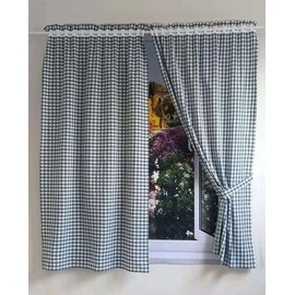 Yaland Curtains with Checked Pattern, Country House Style, Checked Size 1 x 1 cm, Living Room Curtain Scarves with Tiebacks (W x H 80 x 120 cm, Blue) Pack of 2