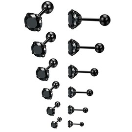 Epoch World 6 Pairs of Diamond Earrings 3-8 mm Silver Black, Stainless Steel