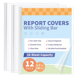 Binditek 12 Pack Clear Report Covers with Sliding Bars, 5mm Sliding Bar File Folder, 25 Sheet Capacity, Letter Size, 5.5 Mil Thick, White, for Students and Coworkers