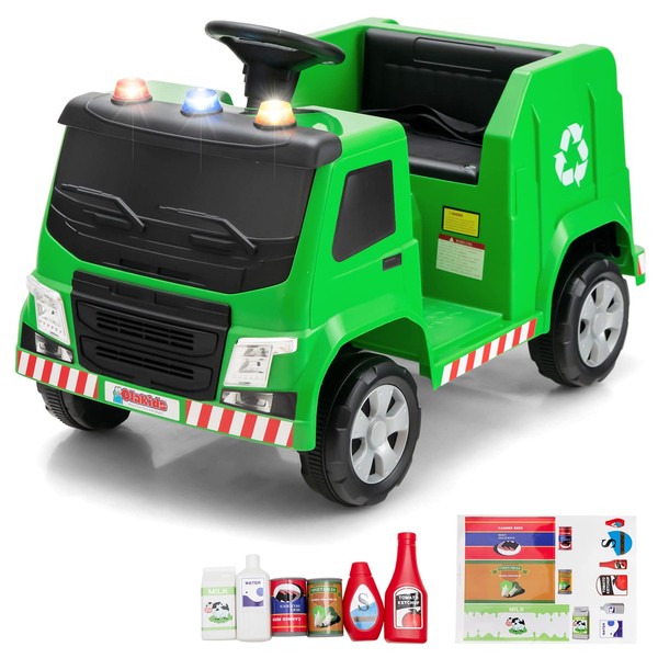 OLAKIDS Ride on Car, 6V Recycling Garbage Truck Electric Vehicle with Music, Horn, Warning Lights, Recycling Accessories Included, Toddlers Battery Powered Trash Toy for Boys Girls (Green)