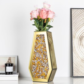 SHYFOY Gold Crushed Diamond Mirror Vase Large Crystal Flower Vases for Centerpieces Luxurious Rhinestone Glass Vase Home Decor for Living Room Dining Room Coffee Table, Can’t Hold Water