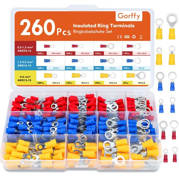 Gorffy Ring Terminals, 260PCS Electrical Crimp Connectors, AWG22-10 Crimp Terminals,